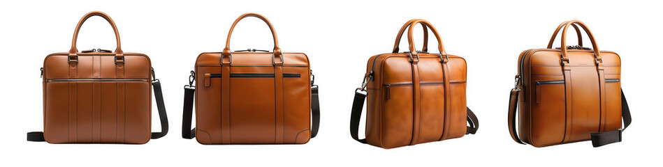 Collection of brown leather briefcase isolated on transparent background, ideal for professional use, travel, and carrying documents and accessories