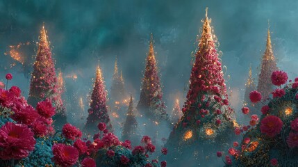 Enchanting fantasy cityscape with glowing spires and vibrant red roses under a dreamy blue sky