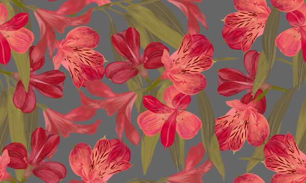 Seamless floral pattern in pink tones. Alstroemeria flowers on a gray background. It can be used to create wallpaper, fabrics, packaging.