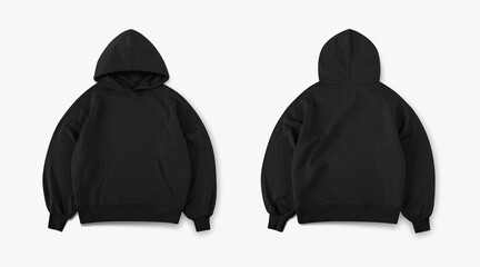 black hoodie oversized, hoodie photo for mockup front and back view isolated on white background,...