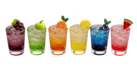 Six colorful fruit soda drinks with ice cubes in clear glass isolated on transparent background, offering a refreshing and vibrant beverage experience for any occasion