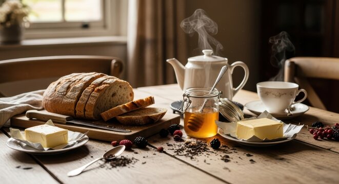 Breakfast table with bread, honey, and tea - Powered by Adobe