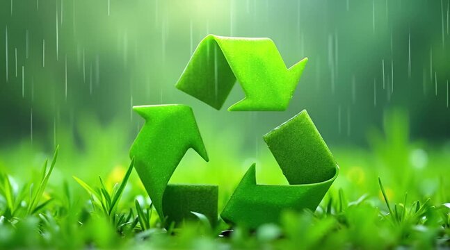 Green Recycle Symbol in Lush Nature with Rain Representing Environmental Sustainability and Eco-Friendly Practices
