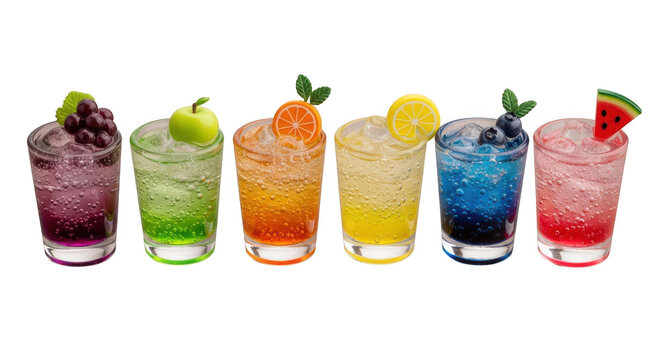 Six colorful fruit soda drinks with ice cubes in clear glass isolated on transparent background, offering a refreshing and vibrant beverage experience for any occasion