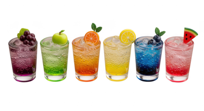 Six colorful fruit soda drinks with ice cubes in clear glass isolated on transparent background, offering a refreshing and vibrant beverage experience for any occasion