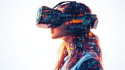 A person wearing a VR headset overlaid with complex digital graphics symbolizing immersive technology and the future