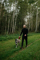 Fototapeta premium Man Walking Dog in Forest Path