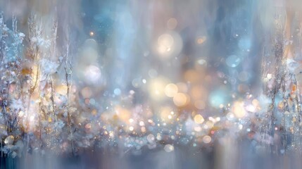 Abstract impressionistic blurry bokeh lights evoking a dreamy winter wonderland scene with soft pastel colors