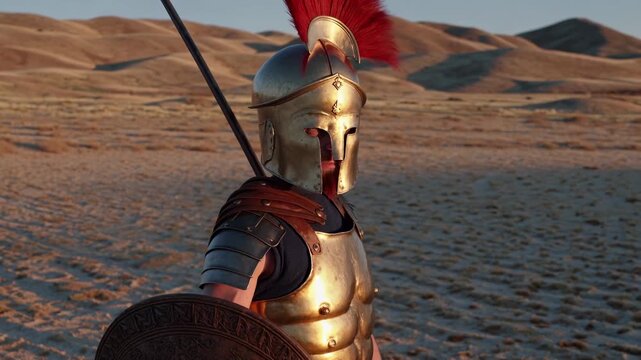 Armored warrior stands on sand dune. Soldier wears metal helmet and armor. Round shield rests by side. Long spear points toward horizon. Ancient battle theme evokes strength. Plumed helmet hints past.