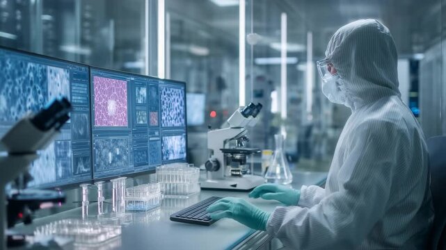 日本人の研究者がクリーンルームの作業台でモニターと顕微鏡を操作する