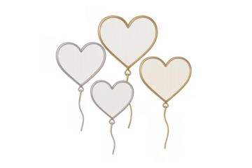 Group of elegant heart balloons with gold and silver frames, creating a romantic celebration on a transparent background