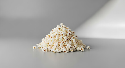 A pile of freshly popped popcorn sits on a gray surface with soft, diffused lighting creating shadows behind it.