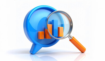 3d render of glossy blue magnifying glass examining bar chart graph, data analysis and statistics research concept