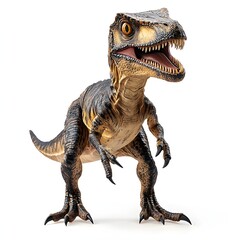 A toy dinosaur figure with sharp claws and teeth stands on a white background