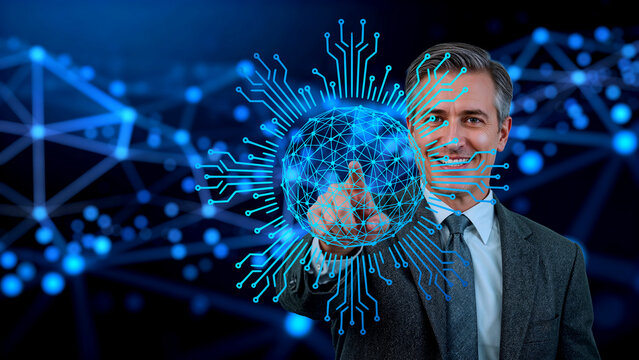 Artificial intelligence ai technology businessman touching interface