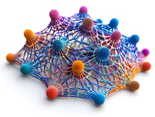 A vibrant abstract network of colorful interconnected spheres and intricate threads against a white background