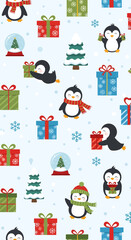Naklejka premium A cute seamless Christmas pattern with cartoon penguins, gift boxes, snow globes, and trees on a light blue background.