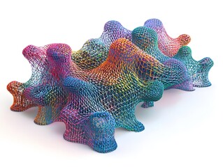 A vibrant abstract sculpture of a colorful interconnected neural network structure with organic forms