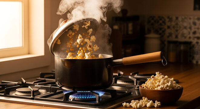 Popcorn being cooked in a black pot on a gas stove, with steam rising and some popcorn spilling out, next to a bowl of popcorn.