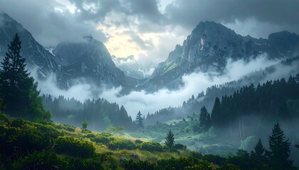 Misty mountain range shrouded in clouds with trees and meadow in the foreground under a soft, filtered light