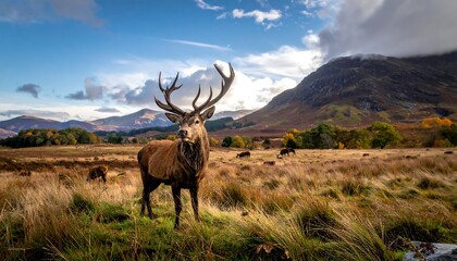 Majestic stag stands in a grassy, mountainous landscape under a partly cloudy, vibrant sky