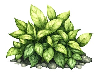 A vibrant cluster of lush green foliage and leaves sprouting from a base of grey rocks isolated on a white background