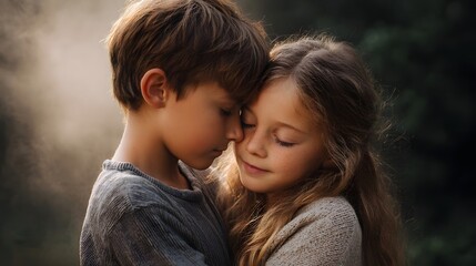 Fototapeta premium A tender moment between two young children embracing closely in soft hazy sunlight
