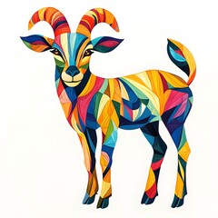 A vibrant geometric illust n of a colorful goat rendered in abstract polygonal shapes