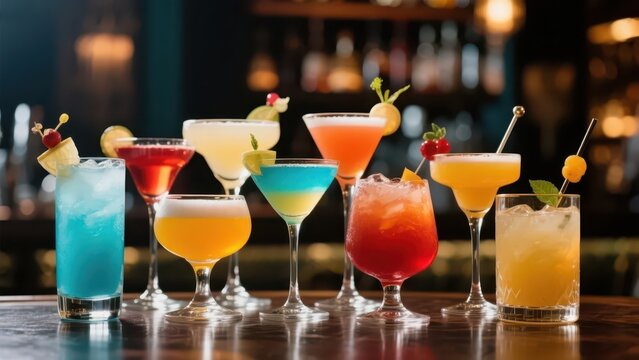 A variety of colorful cocktails are displayed at the bar, presenting a rich selection of drinks and a fashionable bar aesthetic atmosphere.