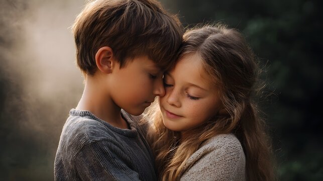 A tender moment between two young children embracing closely in soft hazy sunlight