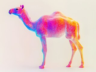 A vibrant neon colored holographic camel rendered in a digital art style isolated on a plain white background