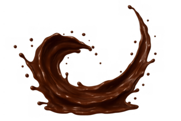 Delicious chocolate cacao splash creating an expressive wave shape, liquid dessert swirl movement, transparent background