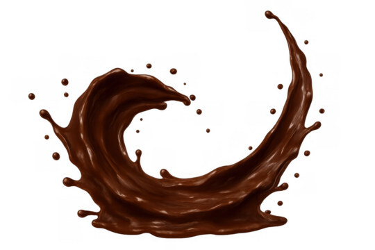 Delicious chocolate cacao splash creating an expressive wave shape, liquid dessert swirl movement, transparent background