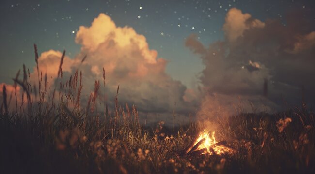 Campfire under a starry night sky with tall grass and clouds. - Powered by Adobe