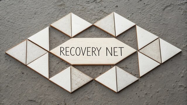 Abstract wooden fragments arranged to form Recovery Net