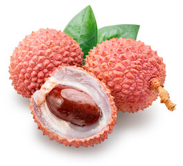 Lychee fruits, green lychee leaves and lychee cut in half isolated on white background. File contains clipping path.