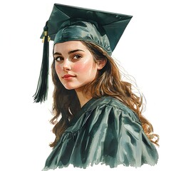 A watercolor illust n of a young woman in a graduation cap and gown looking thoughtfully aside