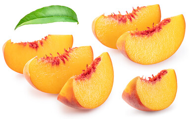 Set of ripe peach slices and peach leaf on white background. File contains clipping path.