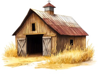 A weathered wooden barn with a red tin roof and open doors set against a plain background depicted in a rustic illust n style