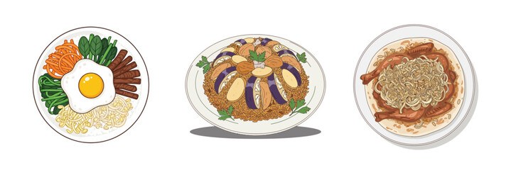 Illustration of Three Traditional Dishes: Korean Bibimbap, Middle Eastern Maqluba, and Roasted Chicken with Rice