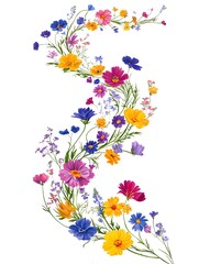 A winding trail of colorful wildflowers and green stems isolated on a white background