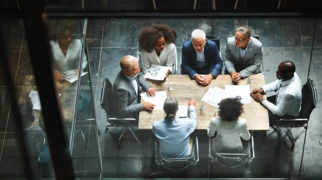 Business meeting at a modern office with diverse professionals discussing strategies and ideas