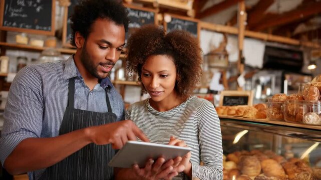 Couple discussing plans while browsing on a tablet in a cozy bakery during the morning hours