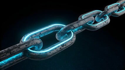 Digital Blockchain Concept with Neon Glowing Heavy Chain Links on Dark Background