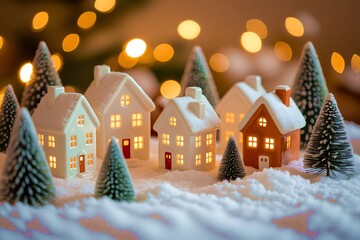 Cozy Miniature Christmas Village Scene with Warm Winter Lights
