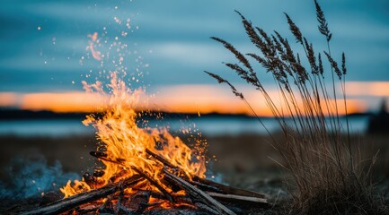 Cozy Campfire Burning on a Lakeshore at Sunset.