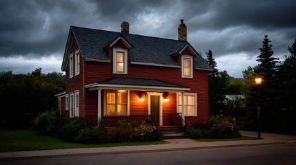 A red residential house with illuminated and a porch stands at dusk under dramatic stormy clouds
