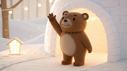 A Friendly Animated Bear Waving With Open Paw
