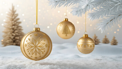 Golden Christmas Ornaments Illustration – Snow-Covered Pine Branch with Festive Designs & Cozy Winter Glow