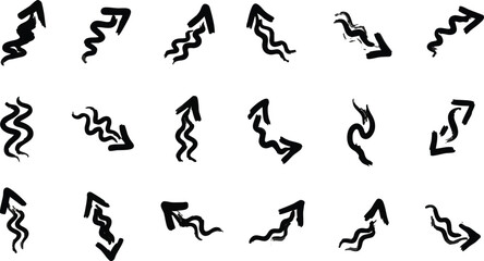 Collection of 18 wavy and curved hand-drawn brush stroke arrows isolated on transparent